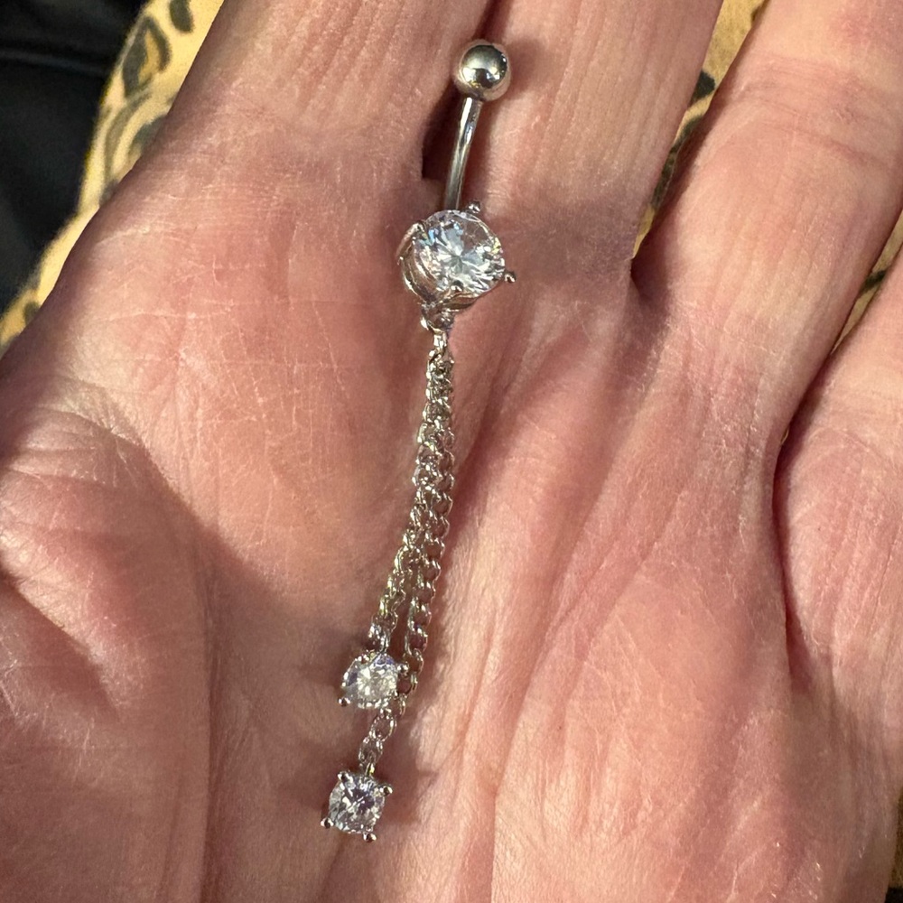 Belly Ring-3 Stone Stainless Steel Belly Button Ring, Dangling gorgeous sparkl